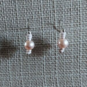 Handmade Light Pink Pearl And Light Pink Leather Earrings